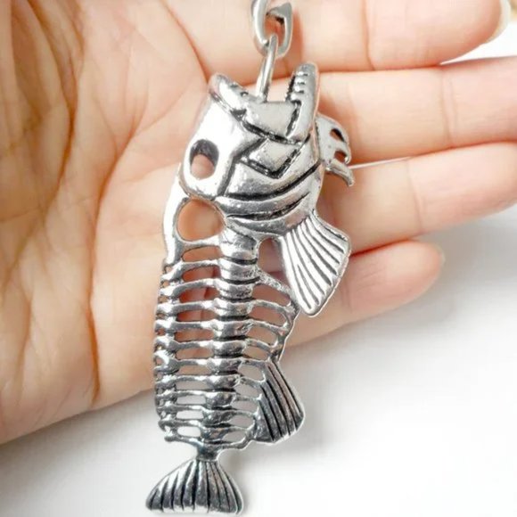 Men's necklace-24" length 3" large 3D silver tone fish skeleton pendant necklace - Picture 2 of 7